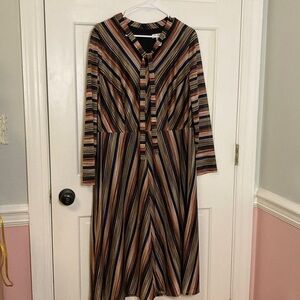 London Times Multicolor Striped Long Sleeve Dress 70’s Disco Geometric Metallic